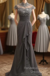 Slim Fit Column Chiffon Lace High Neck Short Sleeved And Floor Length Style Mother Of The Bride Dresses